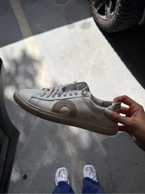 Oliver Cabell White Leather Low-Top Sneakers with Taupe Accent